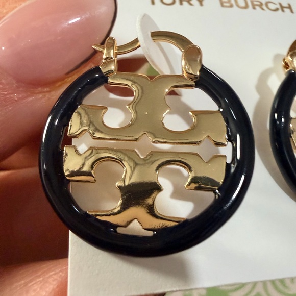 Tory Burch Miller Small Hoop Earrings Black Ename - Picture 4 of 7